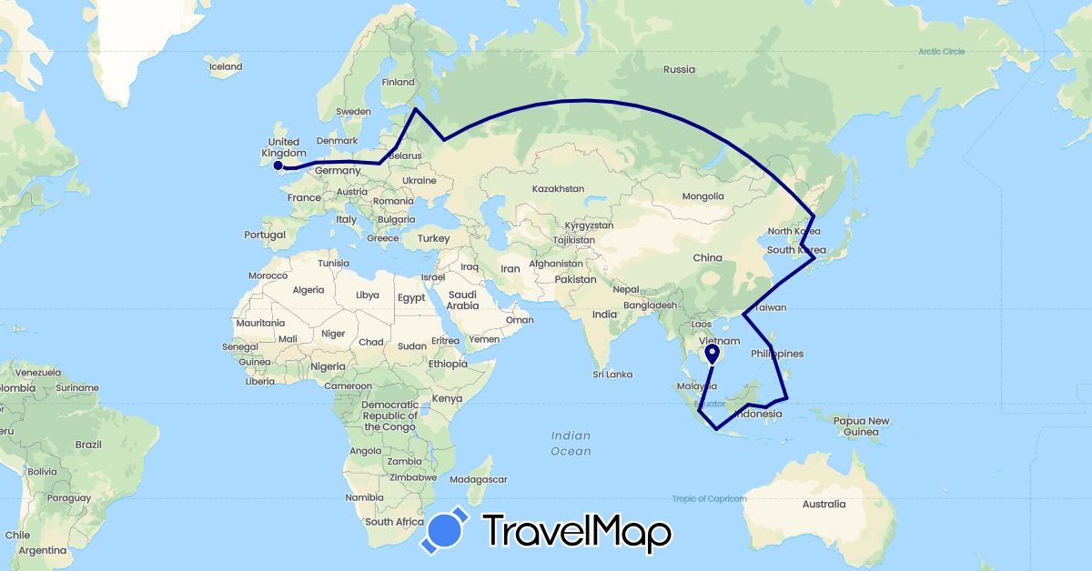 TravelMap itinerary: driving in China, United Kingdom, Indonesia, Japan, South Korea, Lithuania, Netherlands, Philippines, Russia, Vietnam (Asia, Europe)
